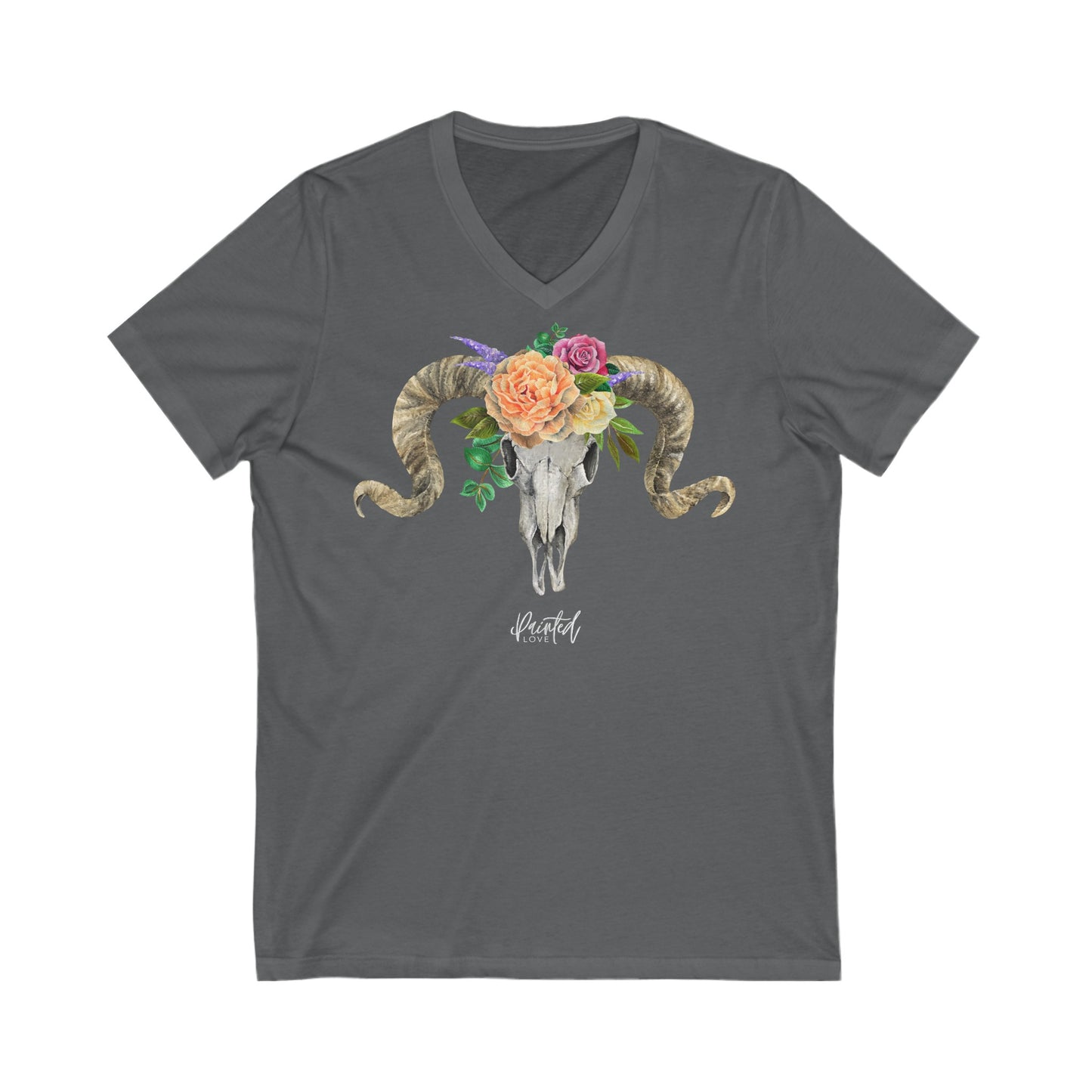 V-Neck Ram Skull and Peach Flowers Unisex Tee