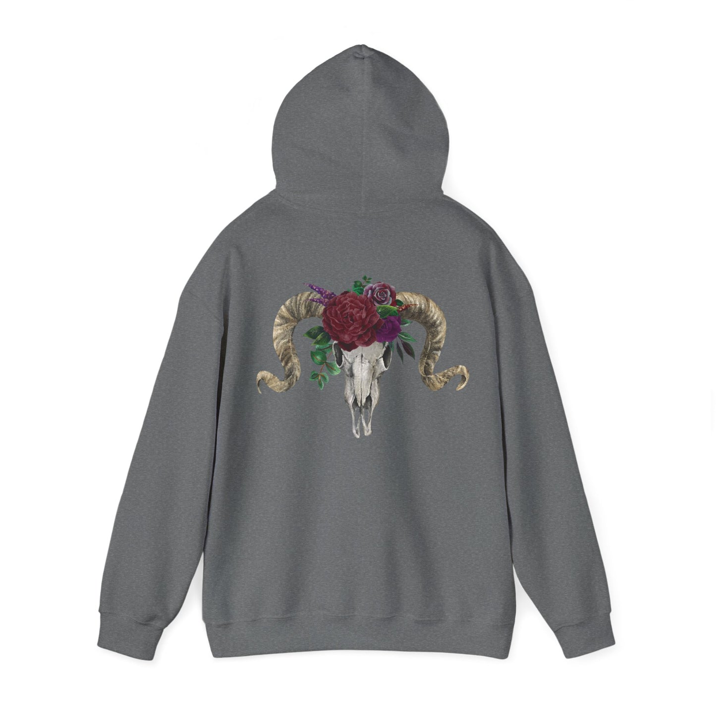 Ram Skull Back Hoodie, Burgundy Flowers