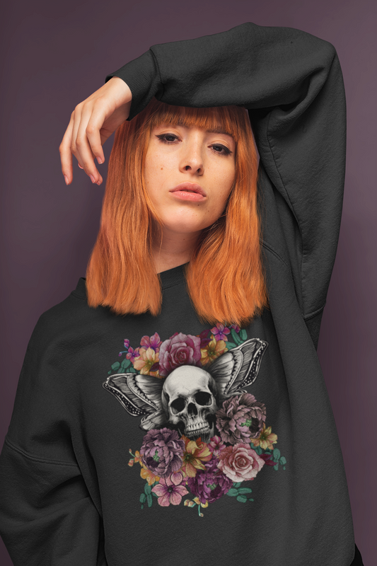 Skull Moth Wings Tattoo Flowers Sweatshirt - Painted Love Customs