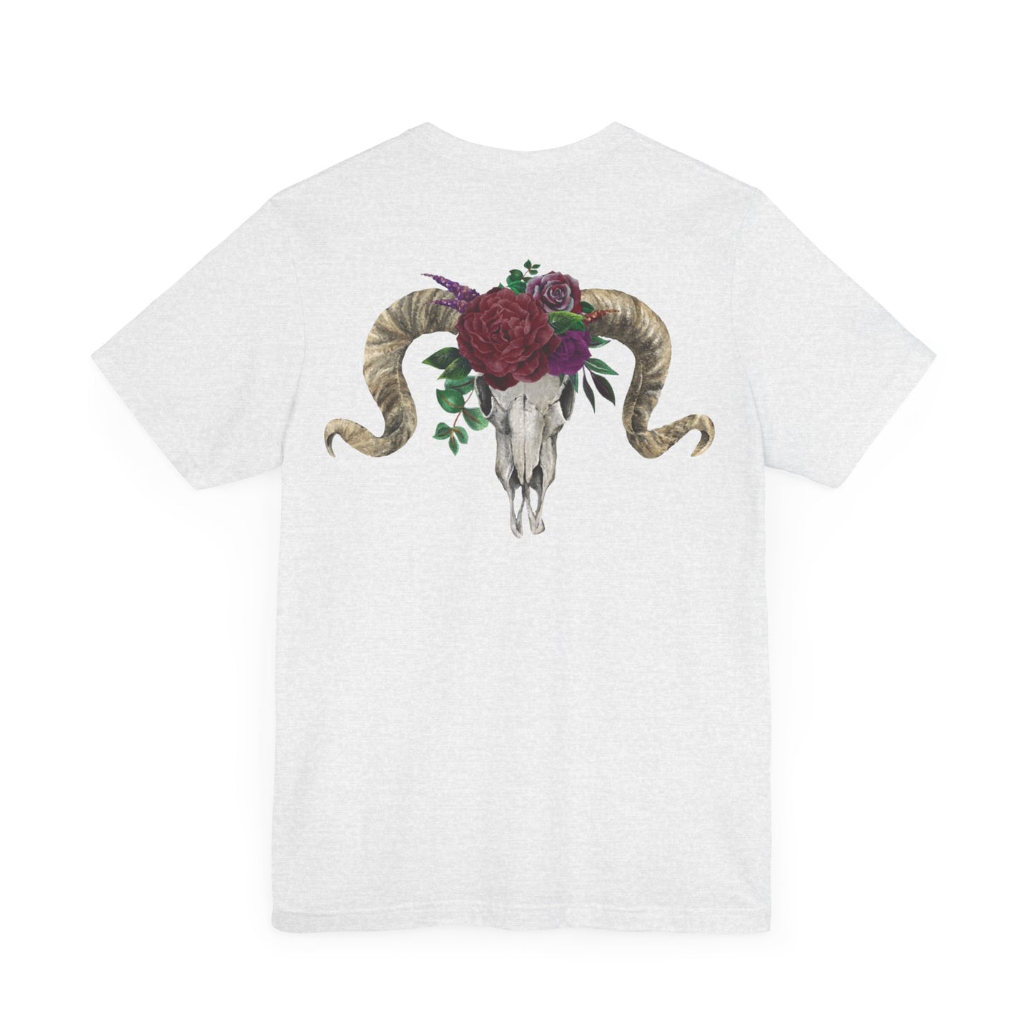 Ram Skull Back Design Unisex Tee, Burgundy Flowers.