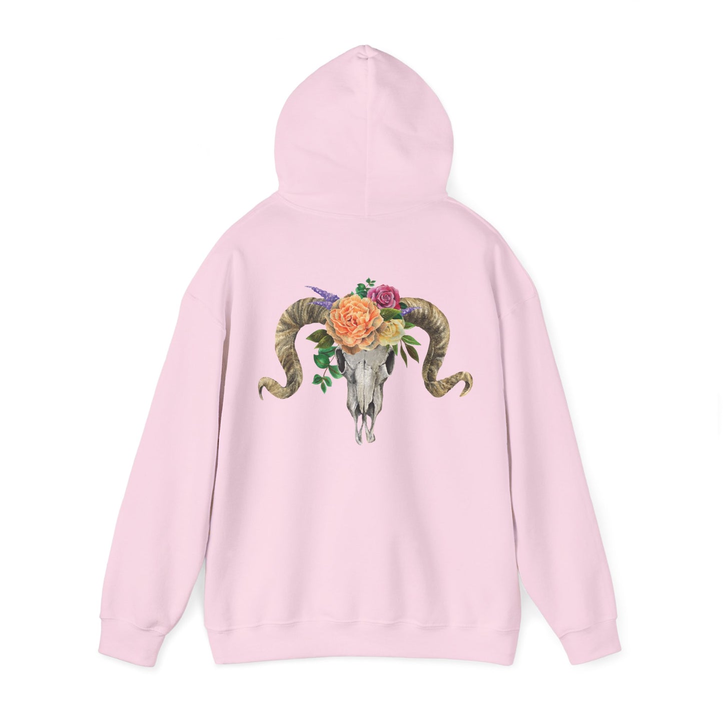 Ram Skull Back Hoodie, Peach Flowers