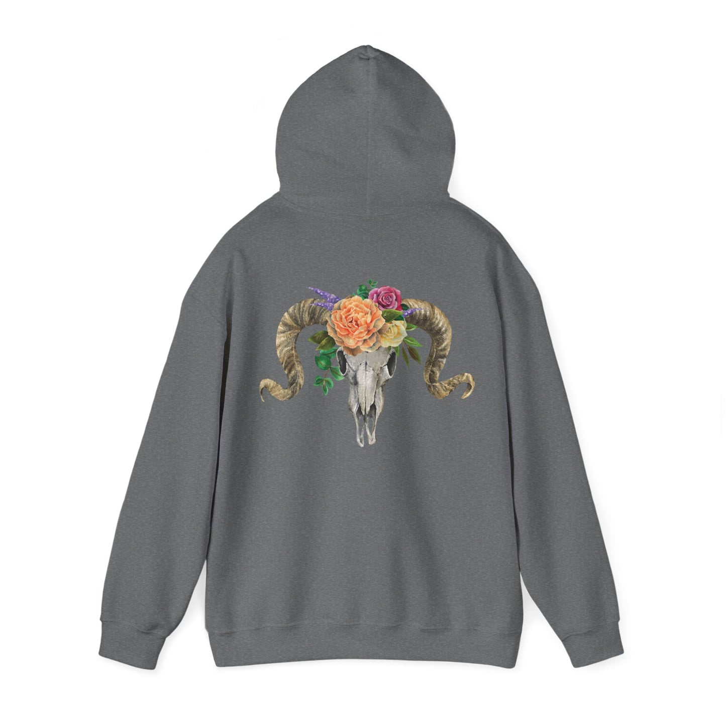 Ram Skull Back Hoodie, Peach Flowers