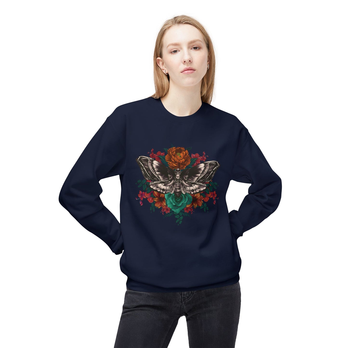 Moth and Flowers Tattoo Sweatshirt, Bright Red and Orange Flowers