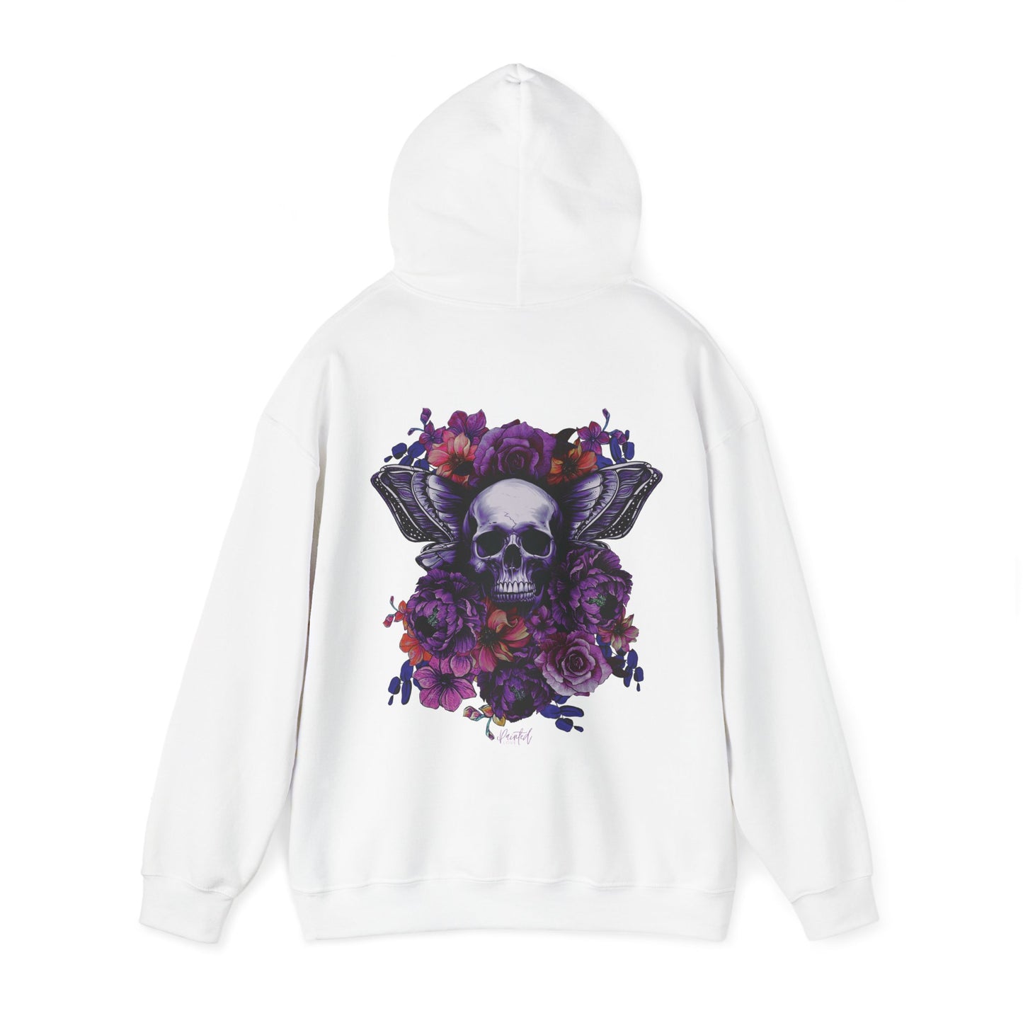 Unisex Hoodie with Skull, Moth Wings, and Tattoo Style Flowers, Painted Love Customs Logo, Neon Flowers