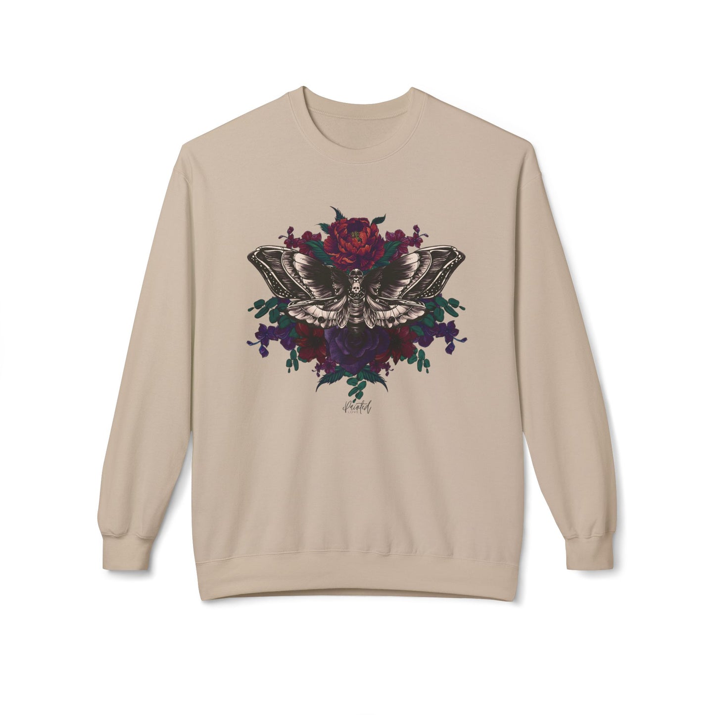 Moth and Flowers Tattoo Sweatshirt, Deep Red and Burgundy Flowers