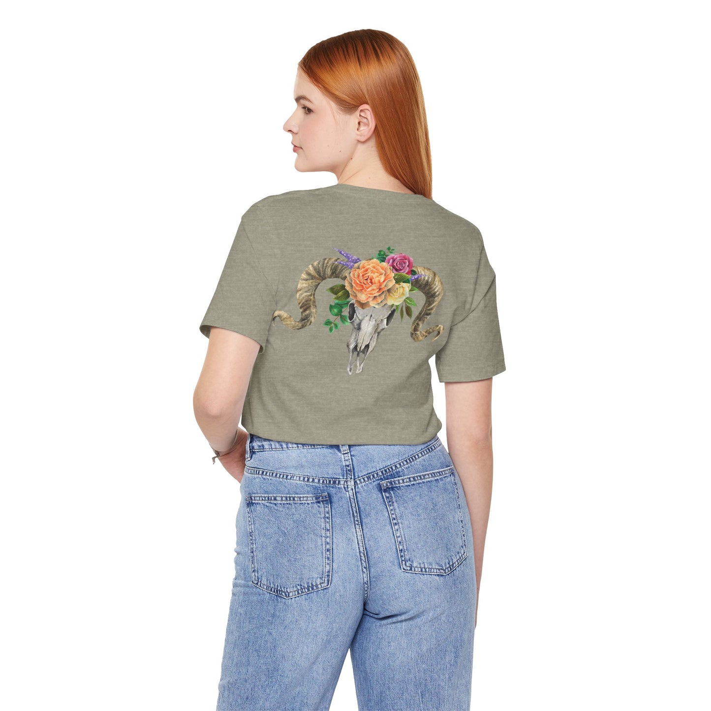 Ram Skull Back Unisex Tee, Peach Flowers