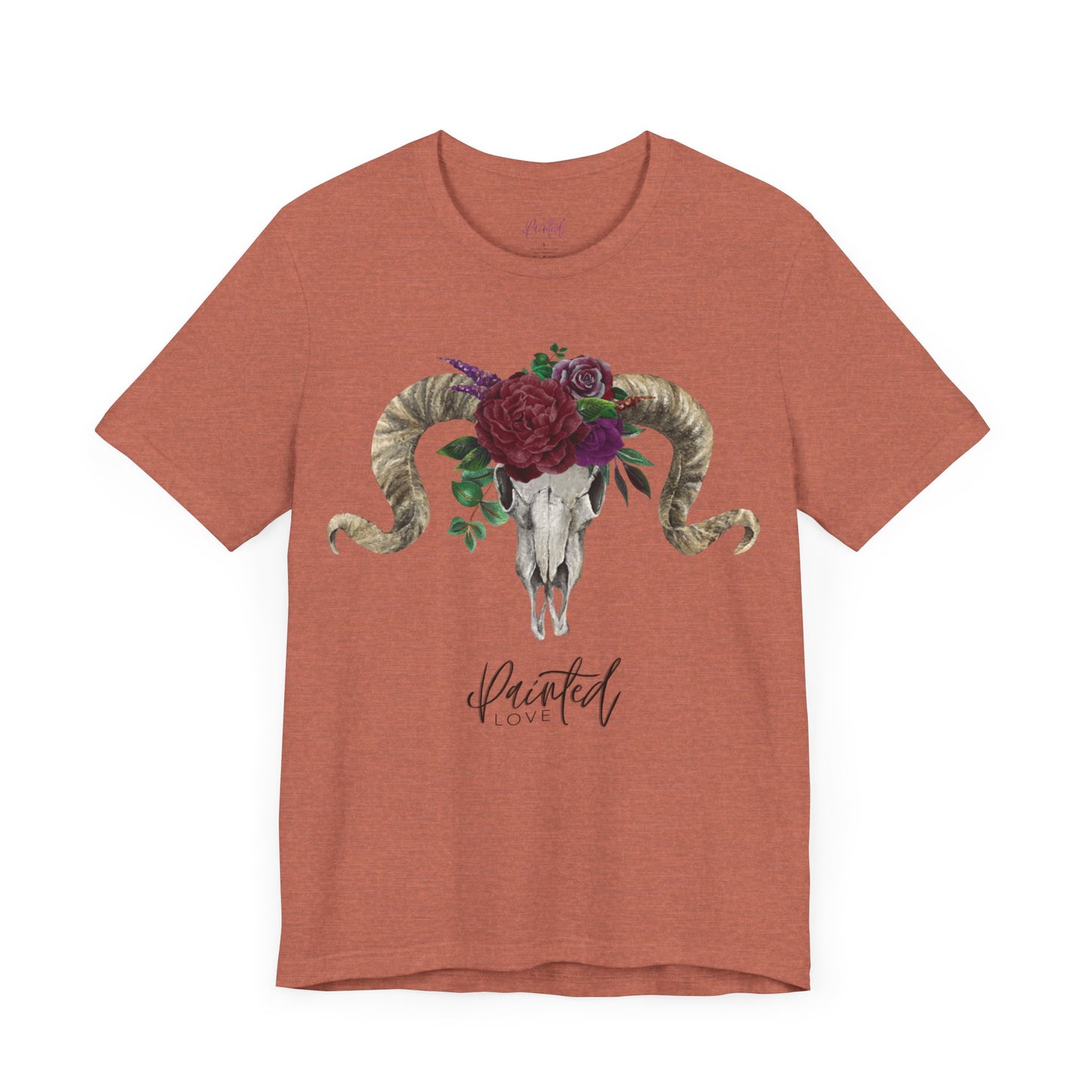 Ram Skull and flowers Unisex Tee, Burgundy Flowers