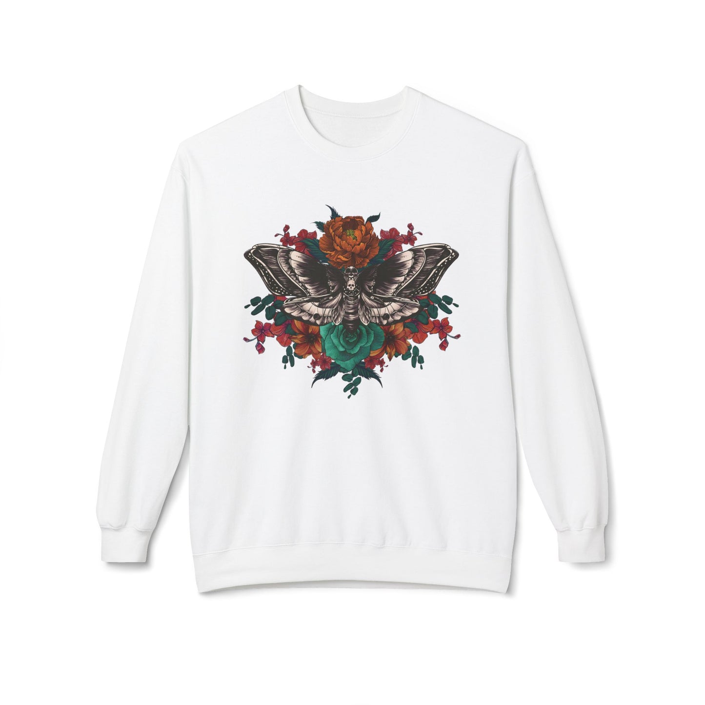 Moth and Flowers Tattoo Sweatshirt, Bright Red and Orange Flowers