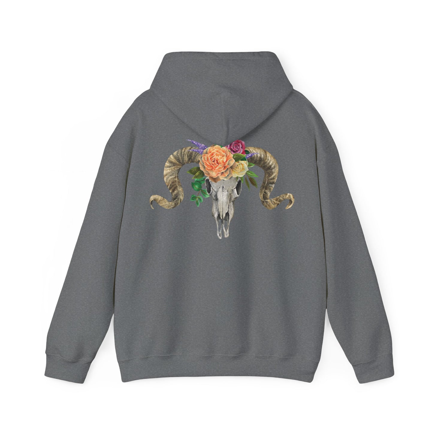 Ram Skull Back Hoodie, Peach Flowers