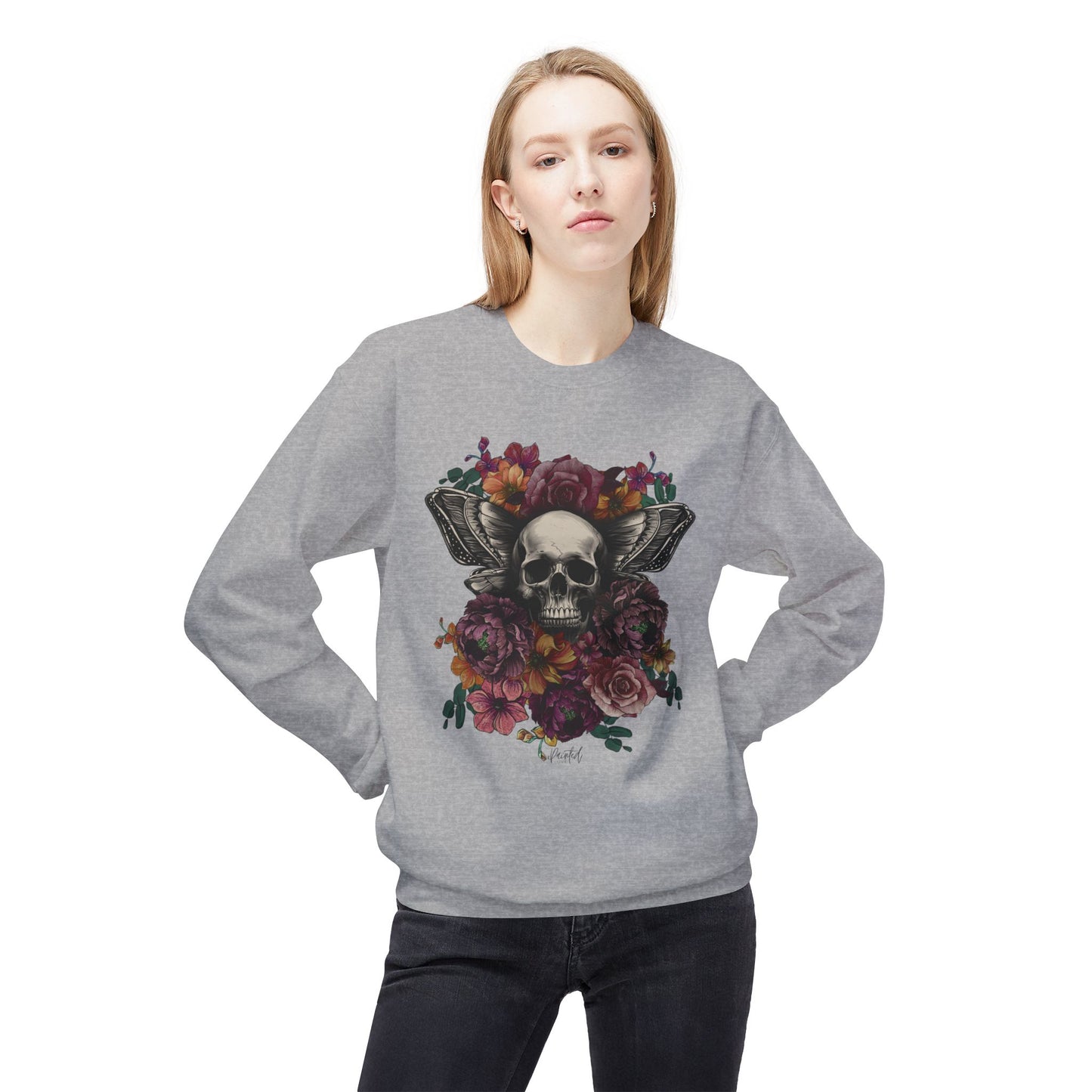 Skull Moth Wings Tattoo Flowers Sweatshirt - Painted Love Customs