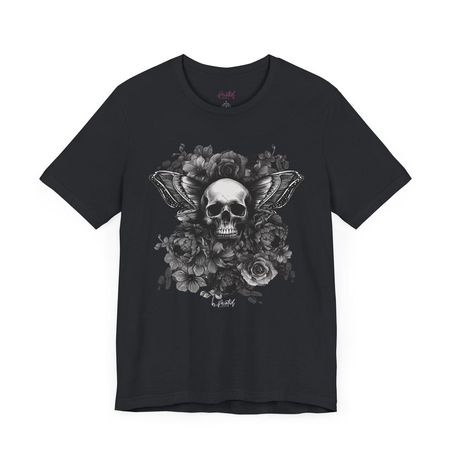 Floral Skull Tattoo Style Tee, Greyscale flowers