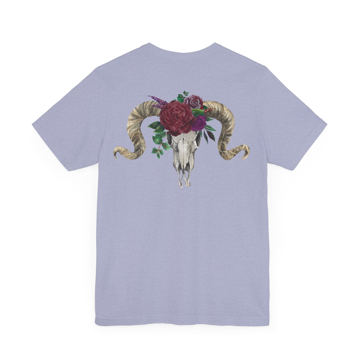 Ram Skull Back Design Unisex Tee, Burgundy Flowers.