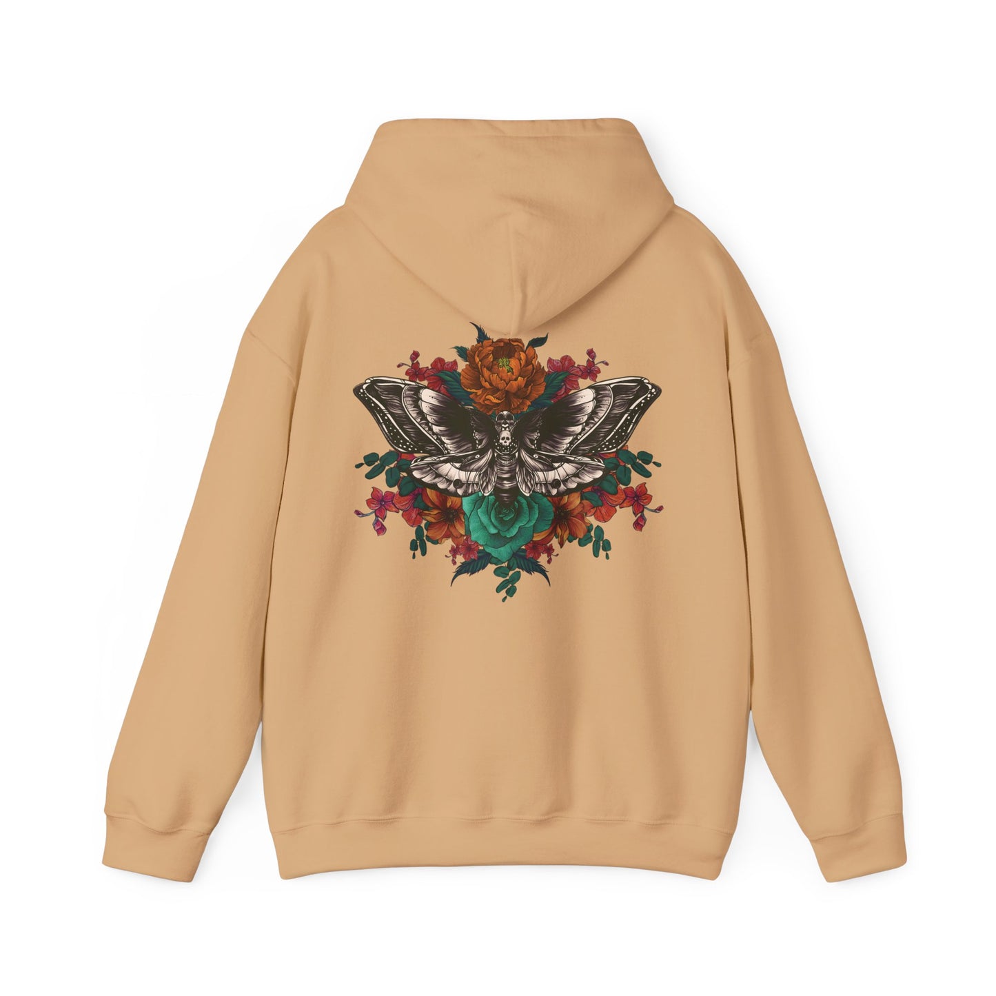 Tattoo Style Deaths Head Moth and Flowers Hoodie, Reds and Oranges