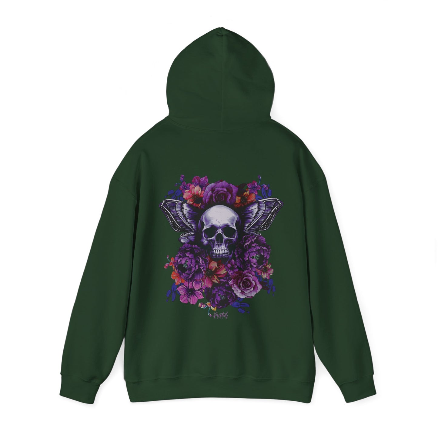 Unisex Hoodie with Skull, Moth Wings, and Tattoo Style Flowers, Painted Love Customs Logo, Neon Flowers