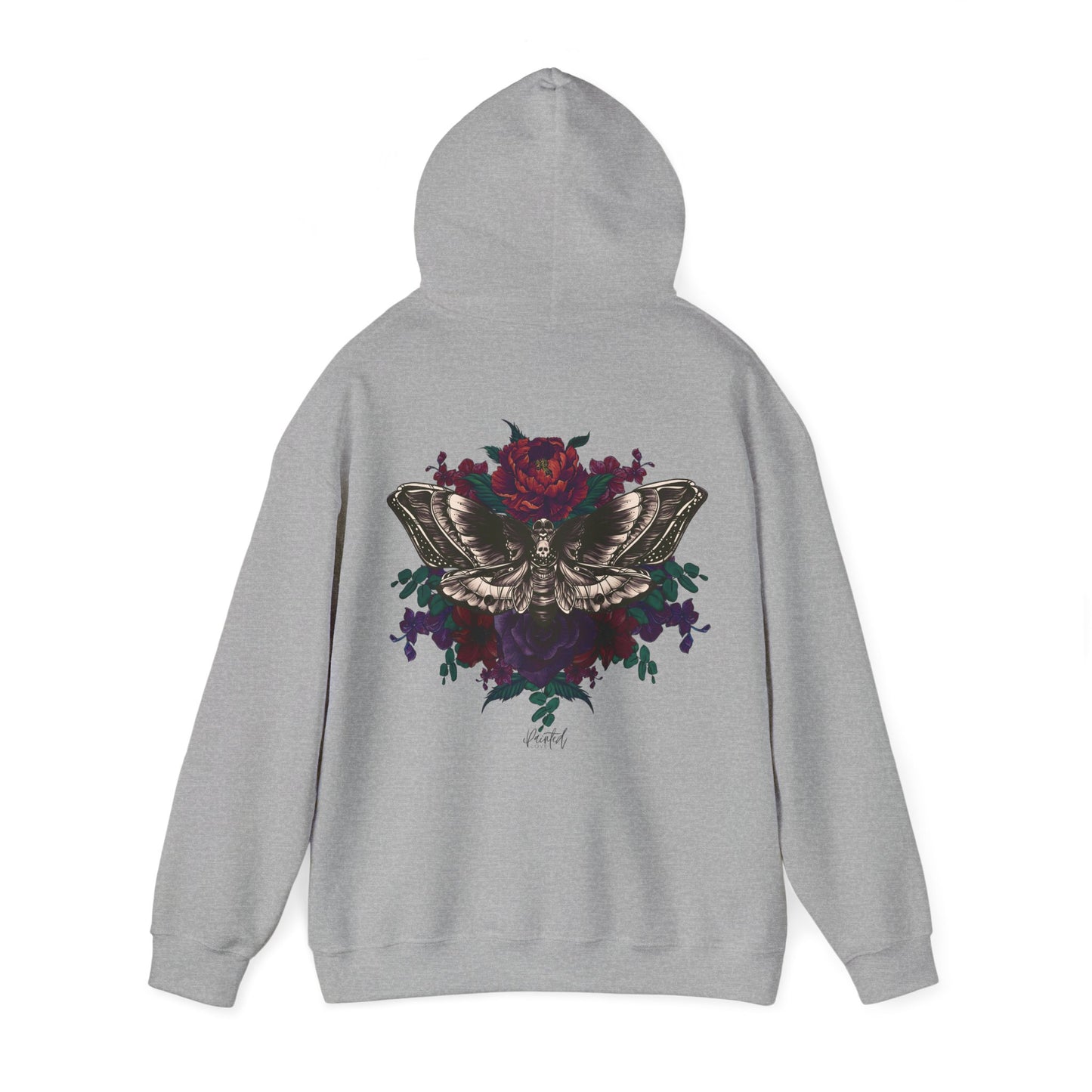 Tattoo Style Deaths Head Moth and Flowers Hoodie, Deep Purple and Burgundy