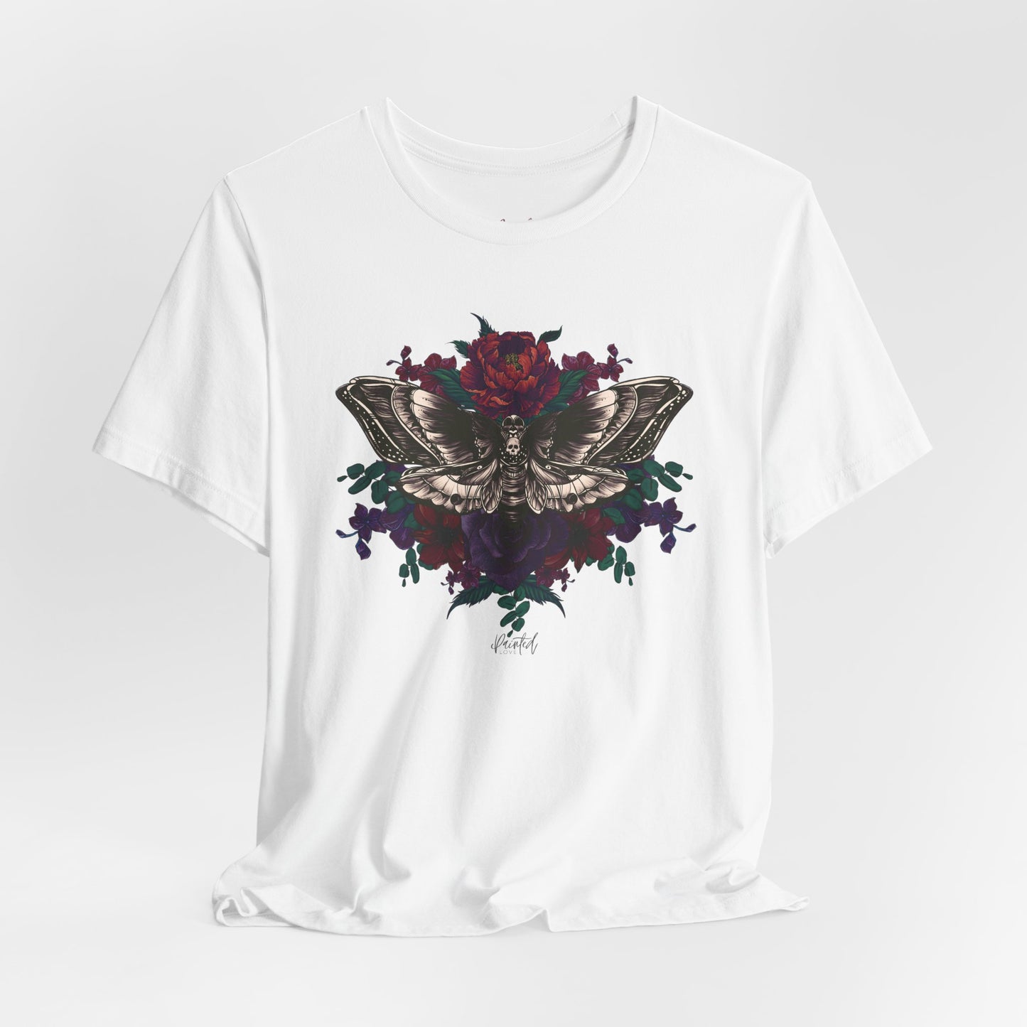 Deaths Head Moth Tattoo Style Floral Tshirt, Burgundy and Red