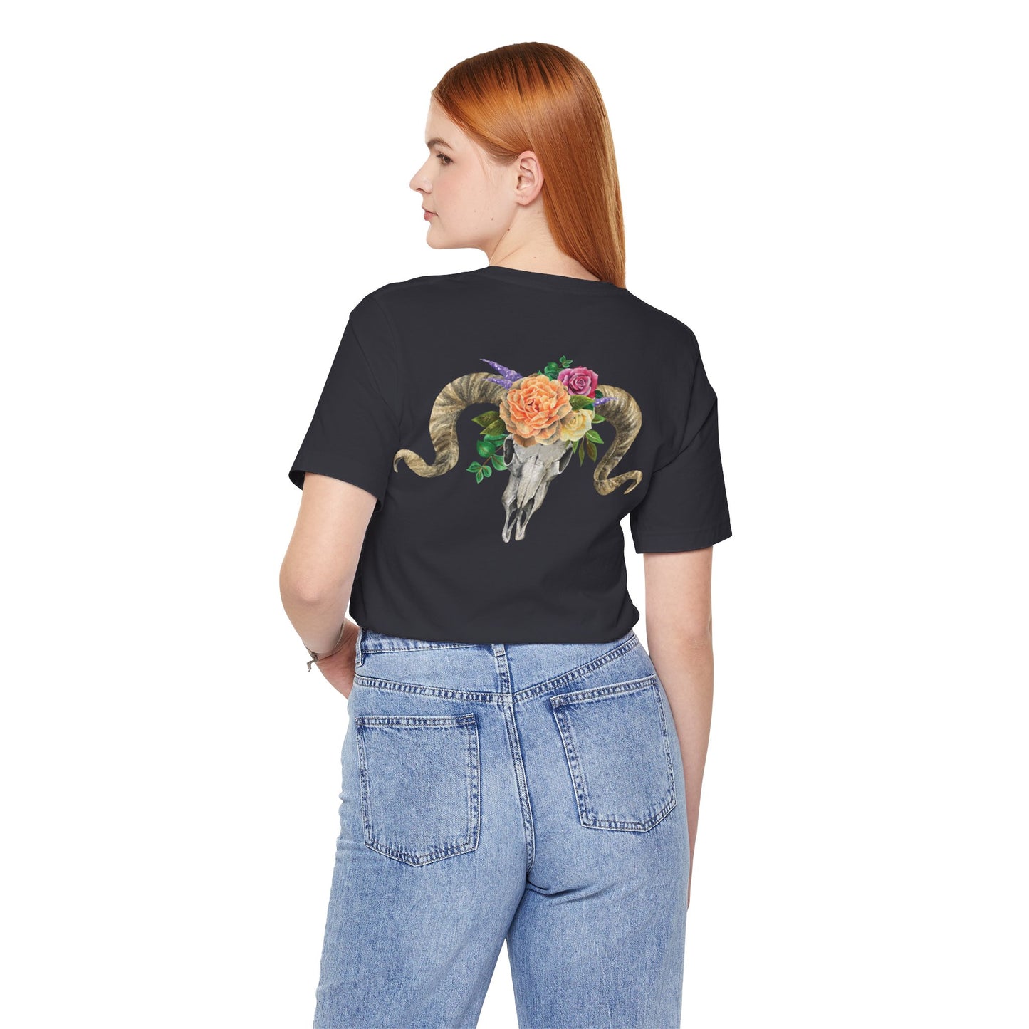 Ram Skull Back Unisex Tee, Peach Flowers