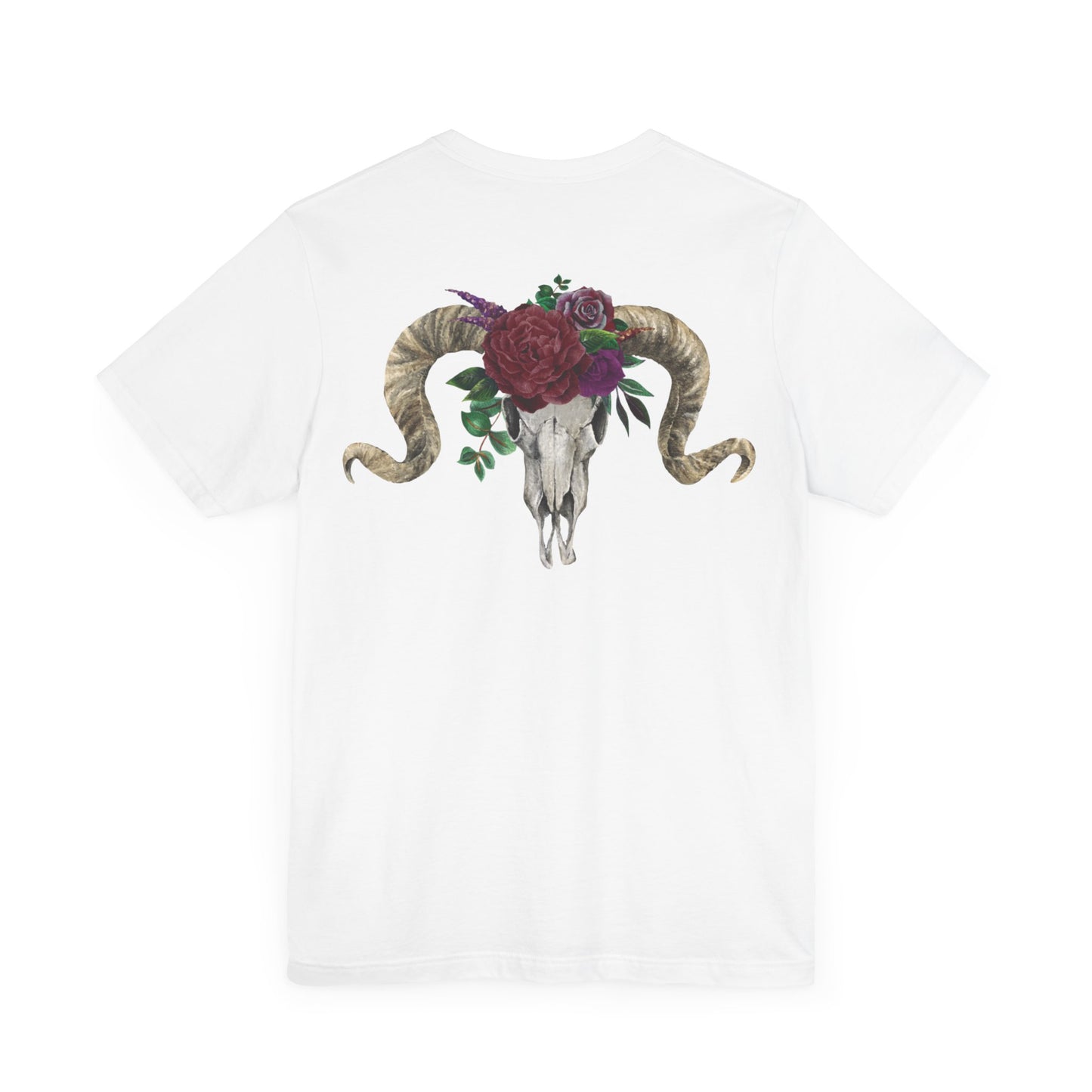 Ram Skull Back Design Unisex Tee, Burgundy Flowers.