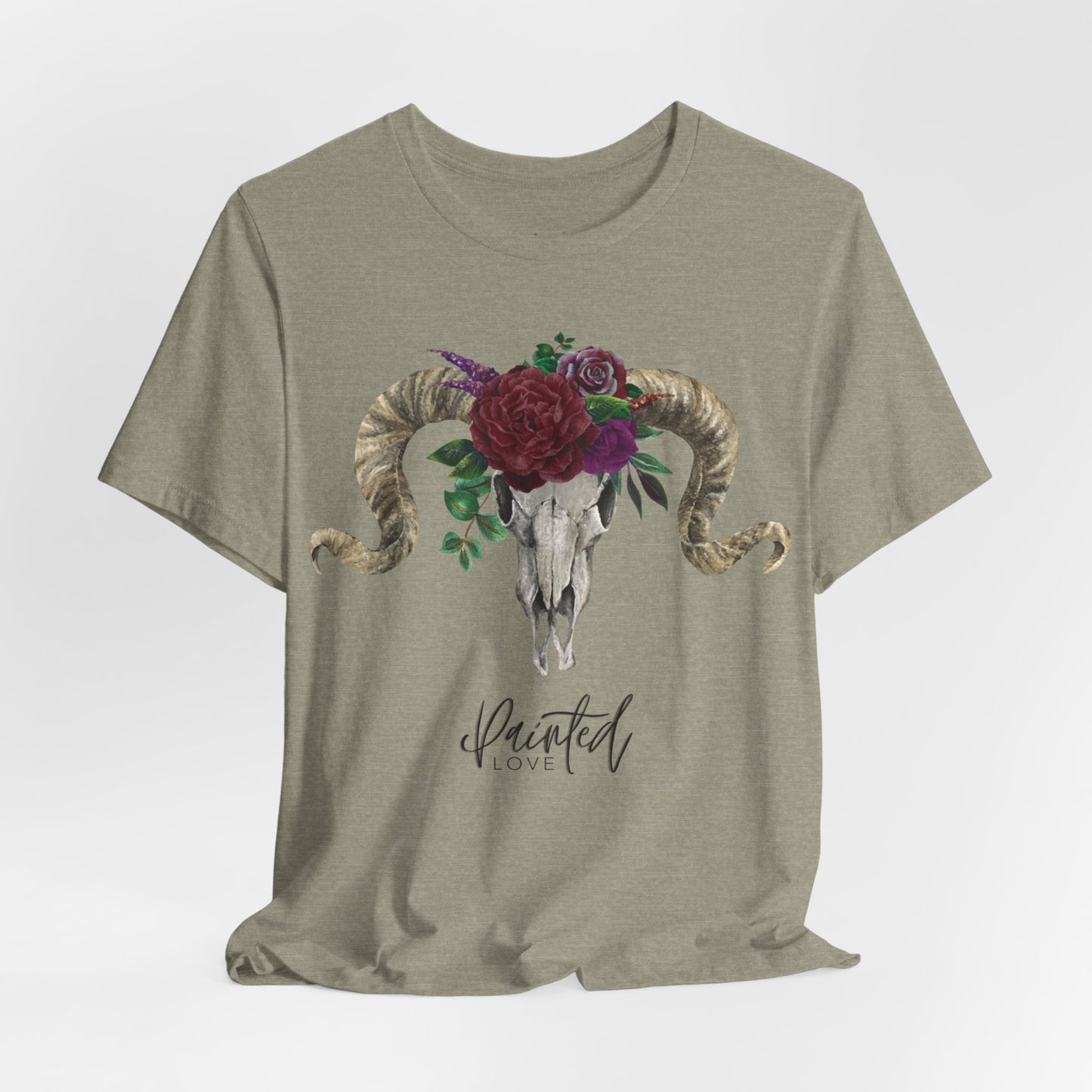 Ram Skull and flowers Unisex Tee, Burgundy Flowers