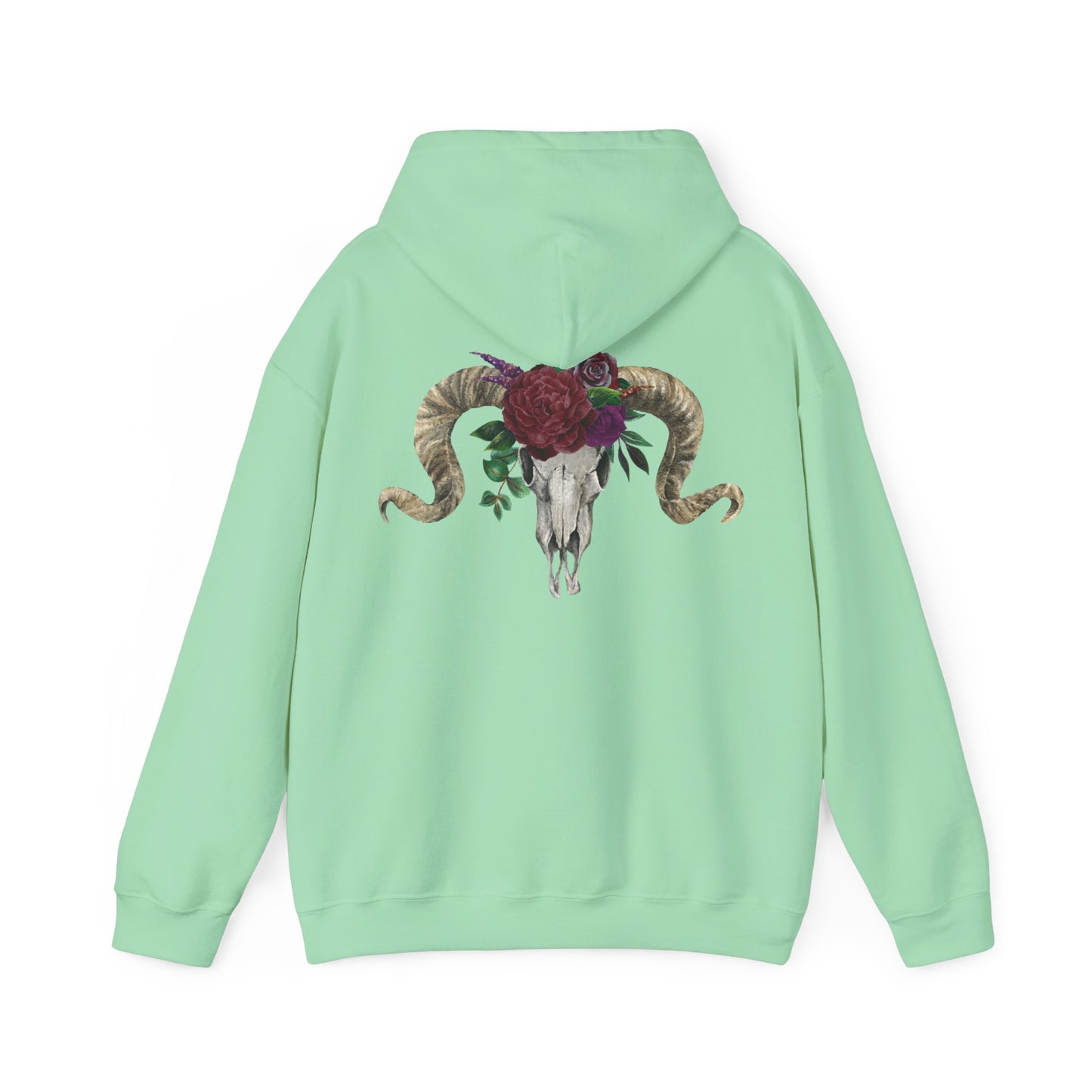 Ram Skull Back Hoodie, Burgundy Flowers