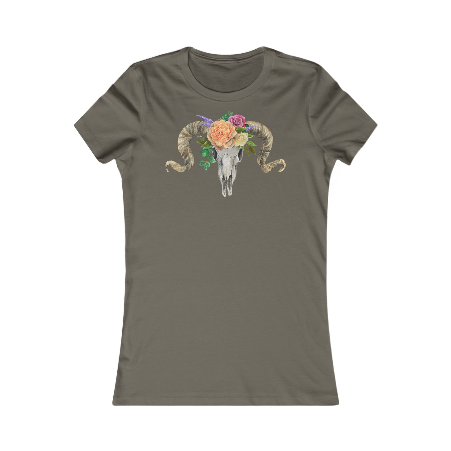 Women's Fitted Tee, Ram Skull and Peach Flowers