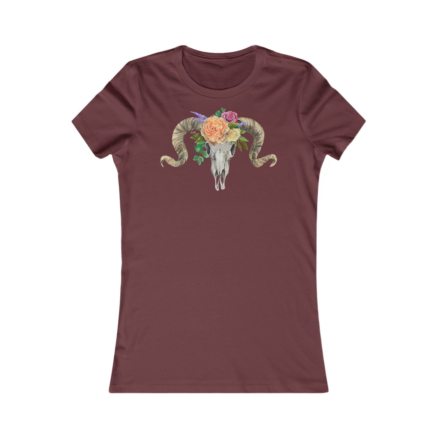 Women's Fitted Tee, Ram Skull and Peach Flowers