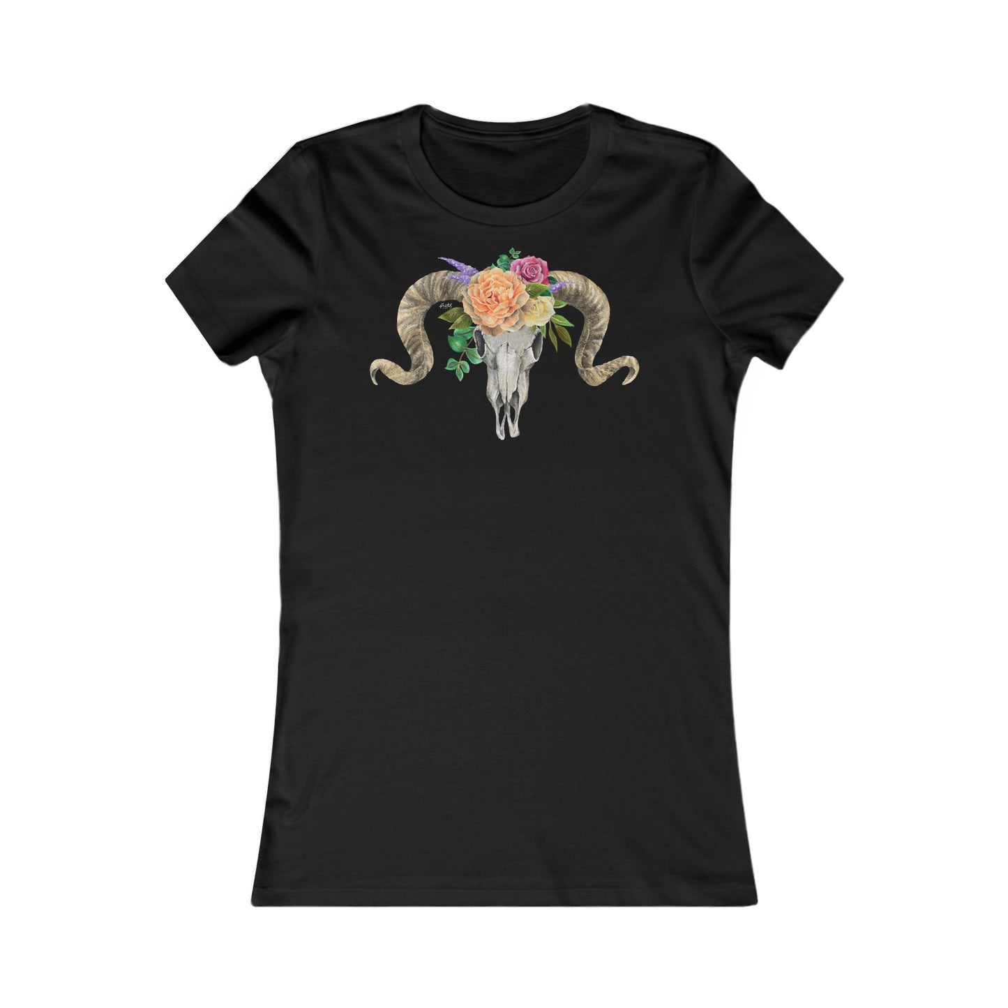 Women's Fitted Tee, Ram Skull and Peach Flowers