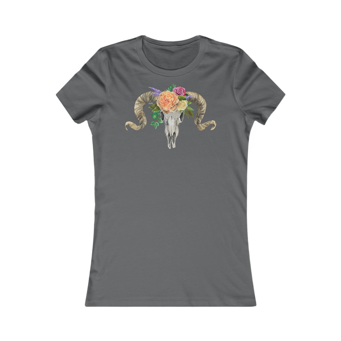 Women's Fitted Tee, Ram Skull and Peach Flowers