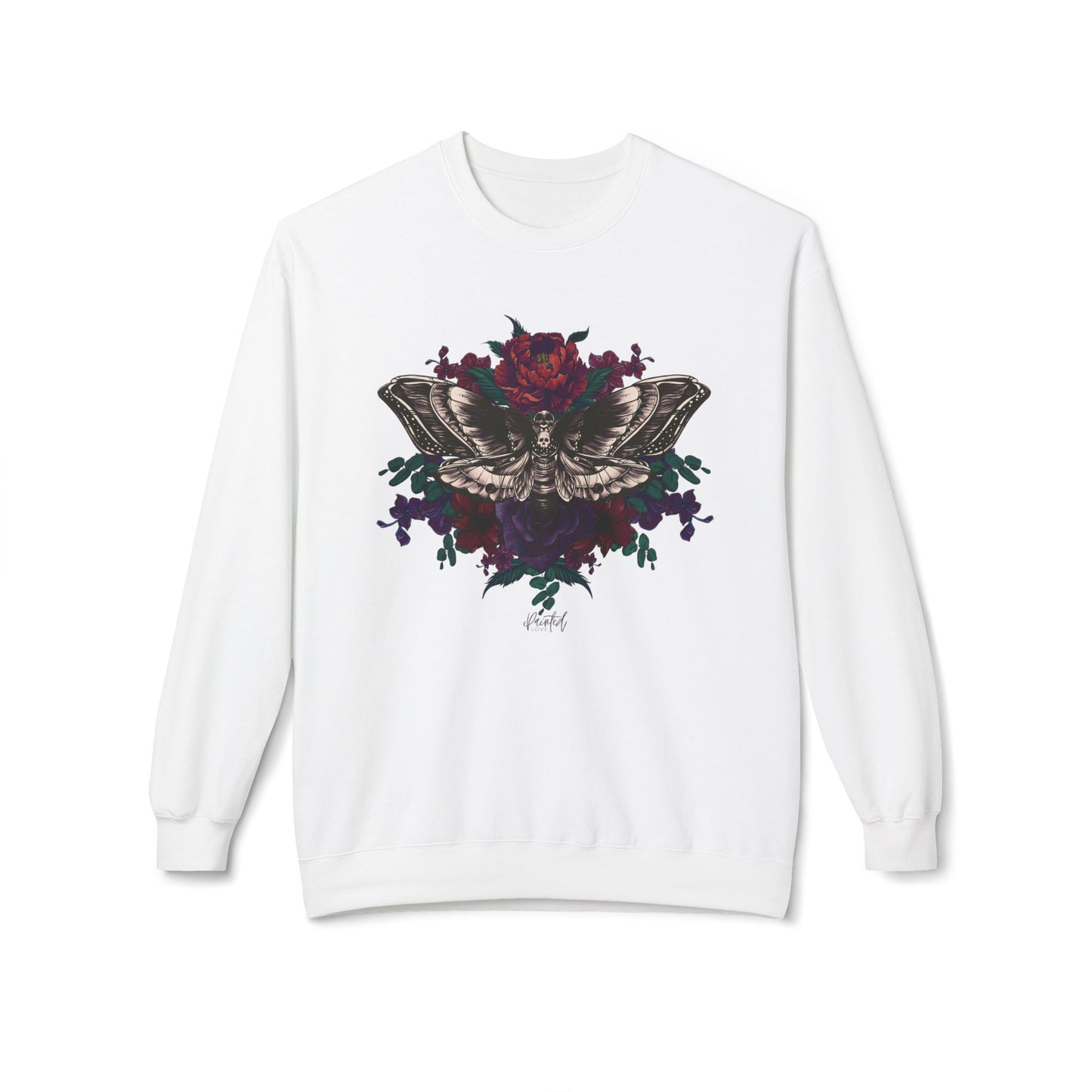 Moth and Flowers Tattoo Sweatshirt, Deep Red and Burgundy Flowers