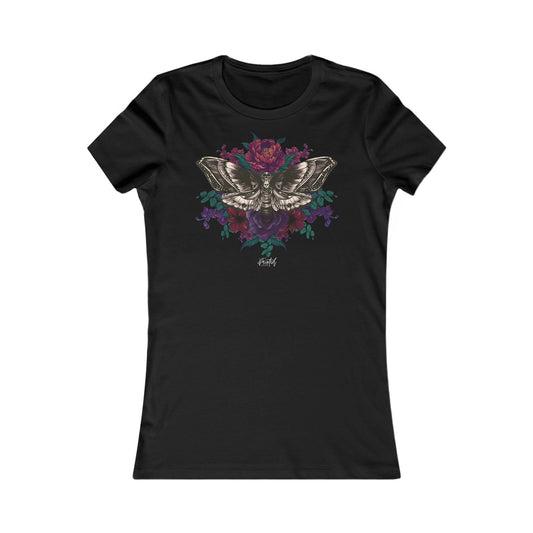 Women's Fitted Tee, Deaths Head Moth and Flowers