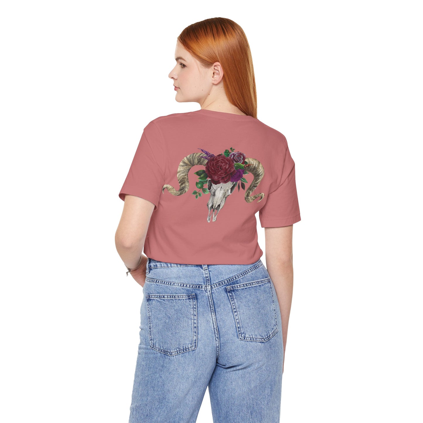 Ram Skull Back Design Unisex Tee, Burgundy Flowers.