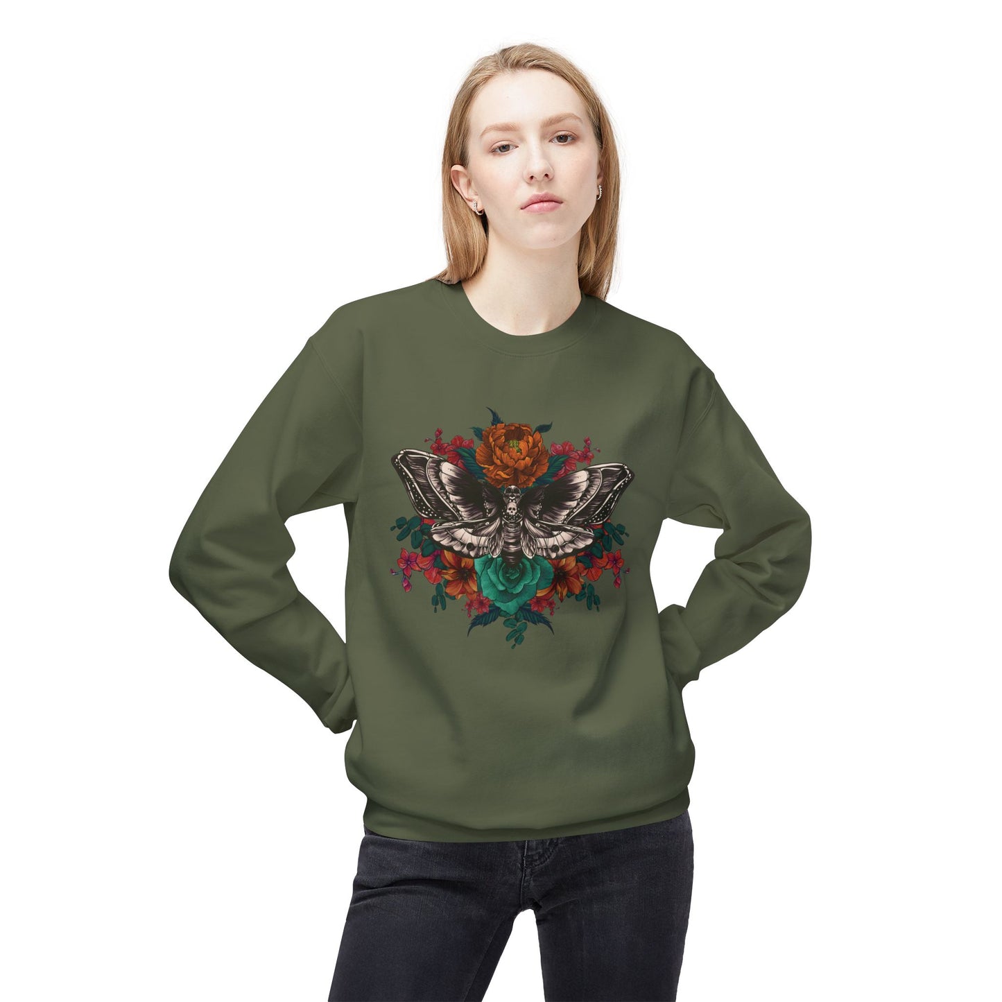 Moth and Flowers Tattoo Sweatshirt, Bright Red and Orange Flowers