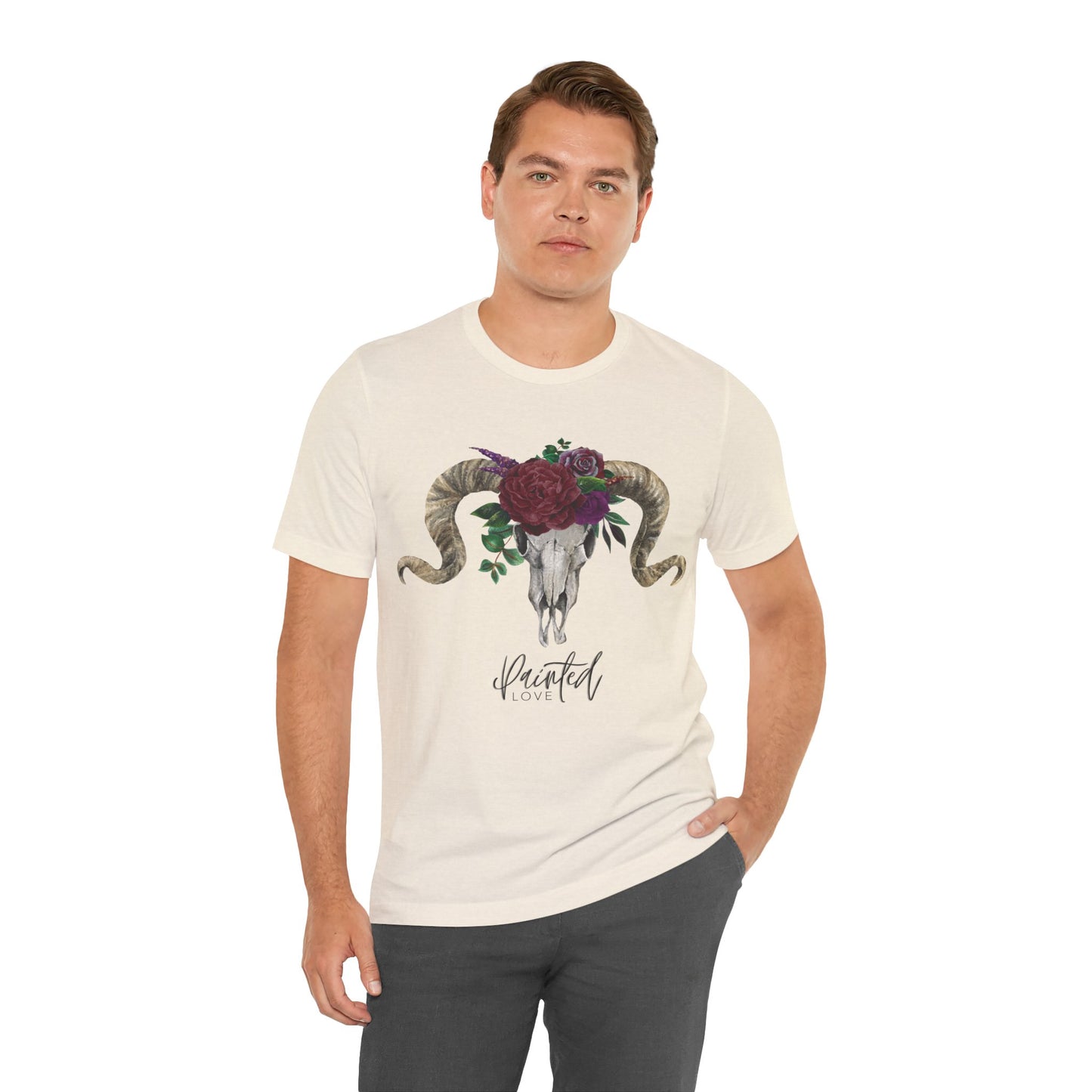 Ram Skull and flowers Unisex Tee, Burgundy Flowers