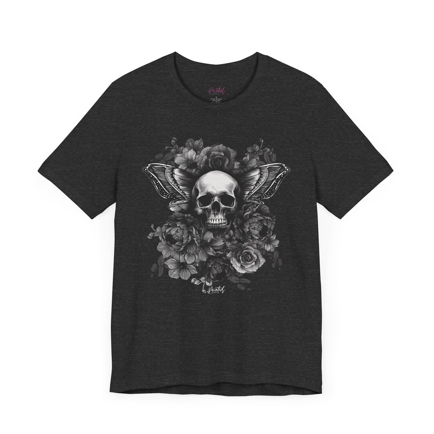 Floral Skull Tattoo Style Tee, Greyscale flowers