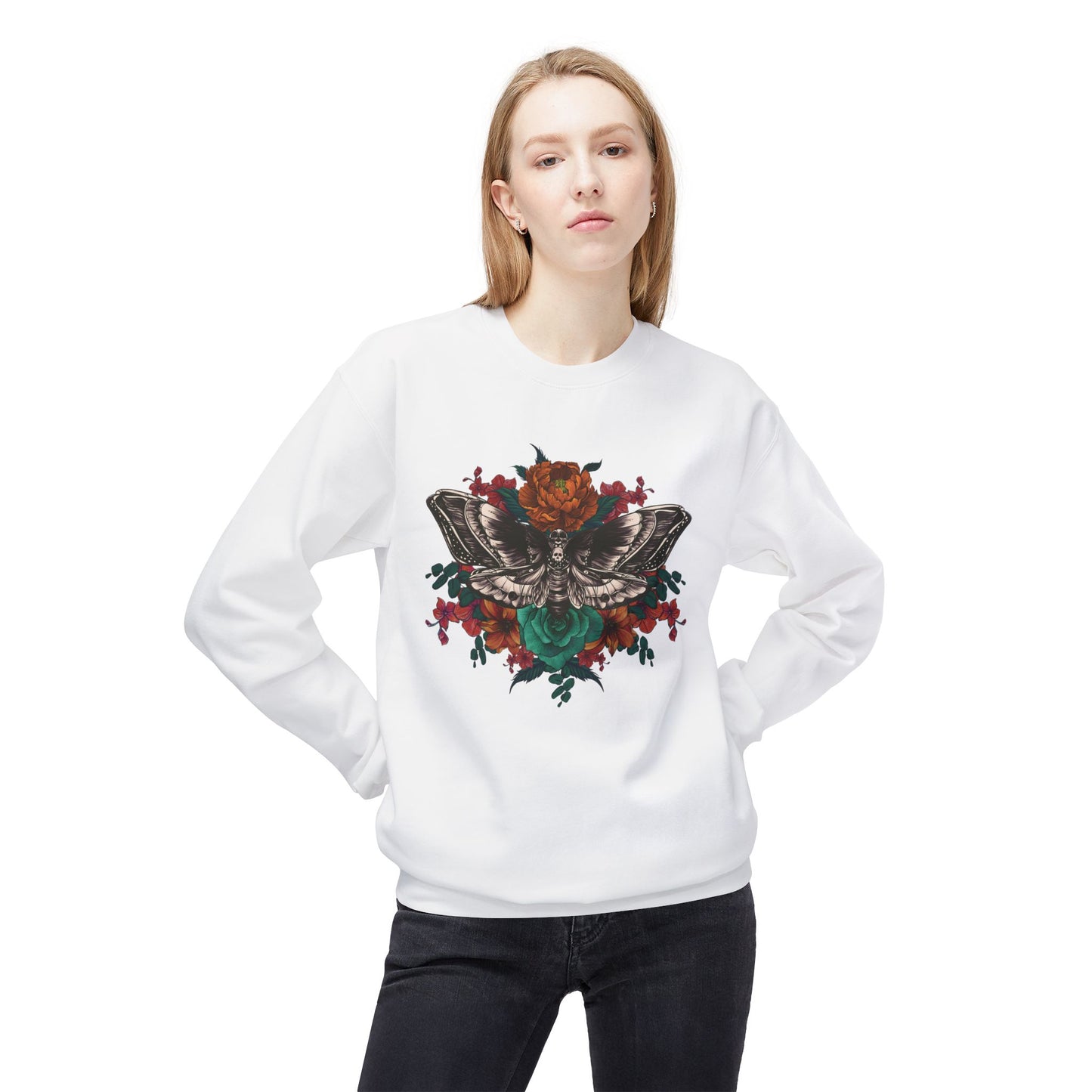 Moth and Flowers Tattoo Sweatshirt, Bright Red and Orange Flowers