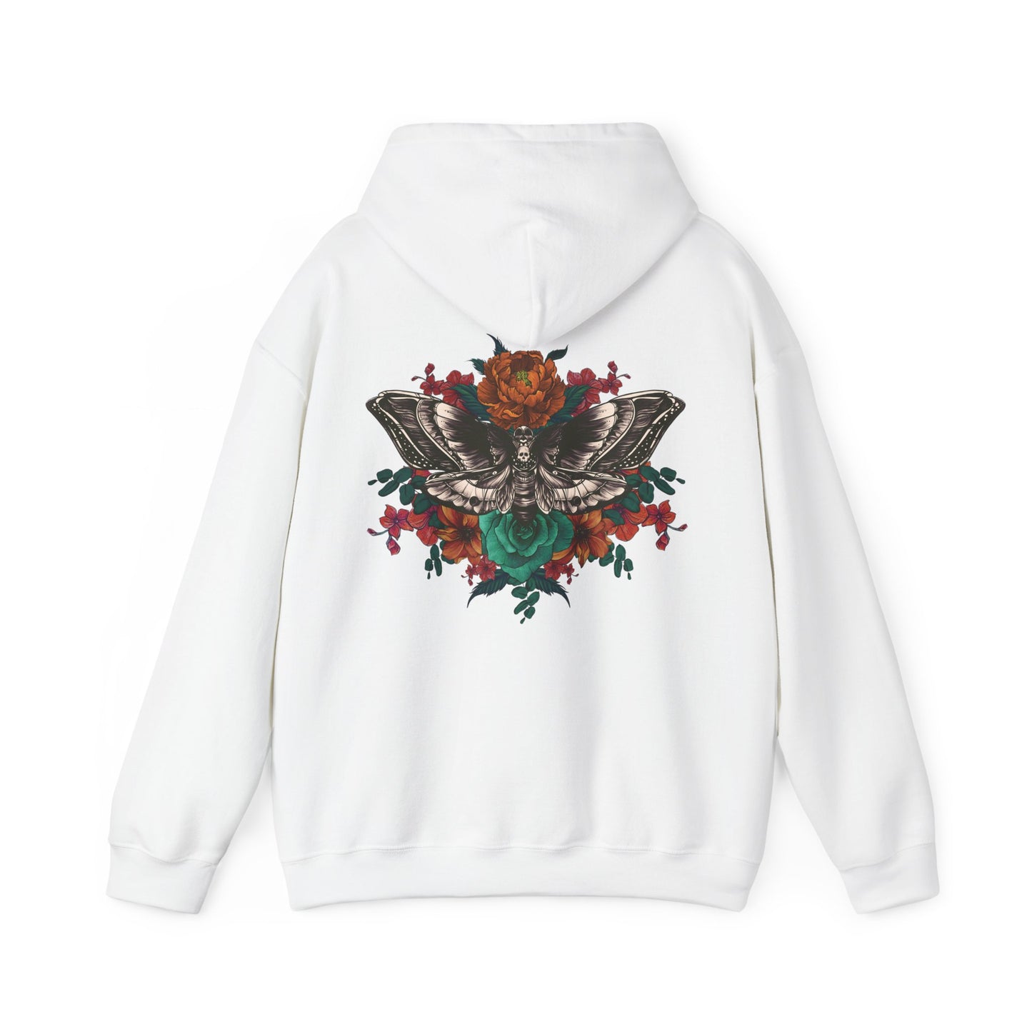 Tattoo Style Deaths Head Moth and Flowers Hoodie, Reds and Oranges