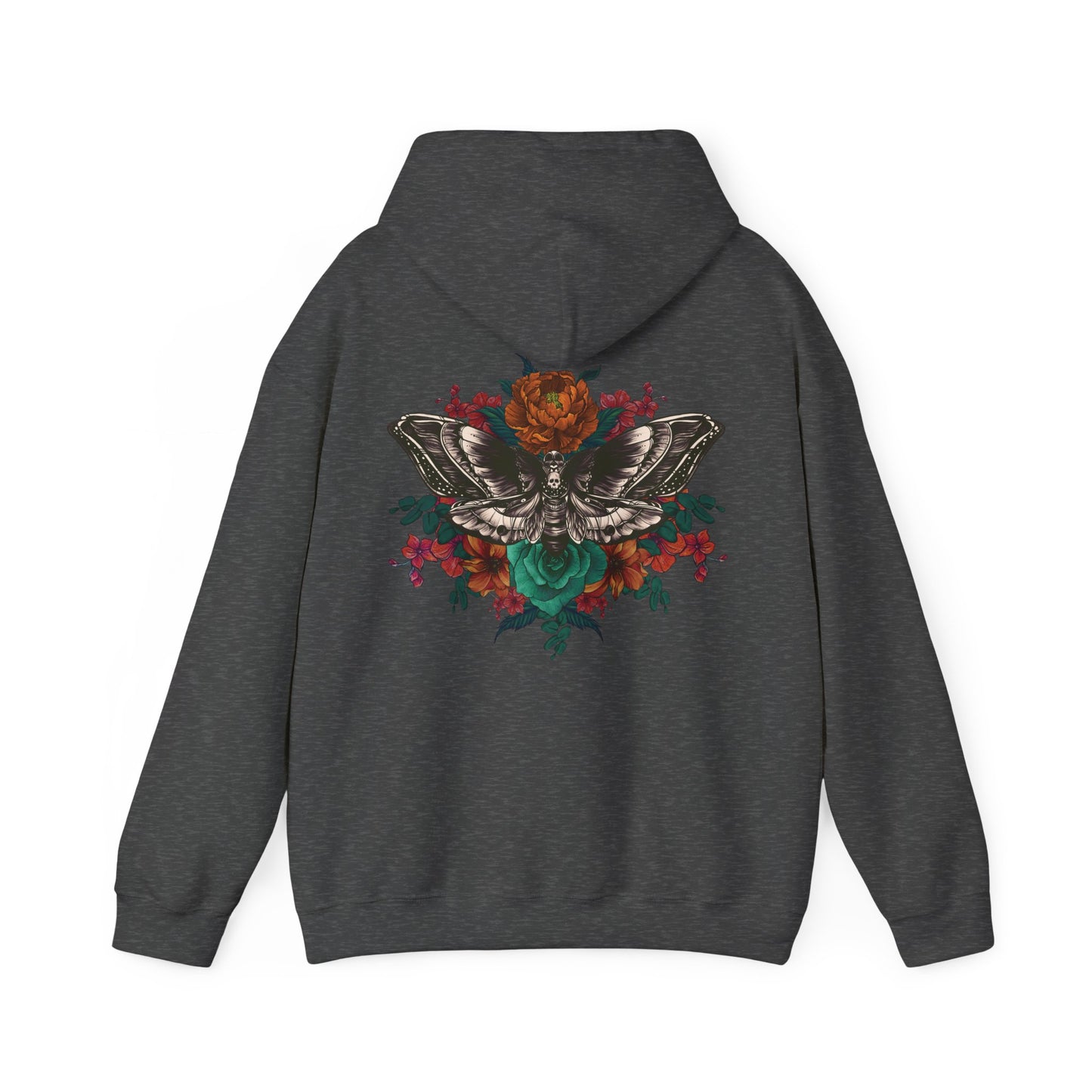 Tattoo Style Deaths Head Moth and Flowers Hoodie, Reds and Oranges