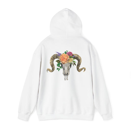 Ram Skull Back Hoodie, Peach Flowers