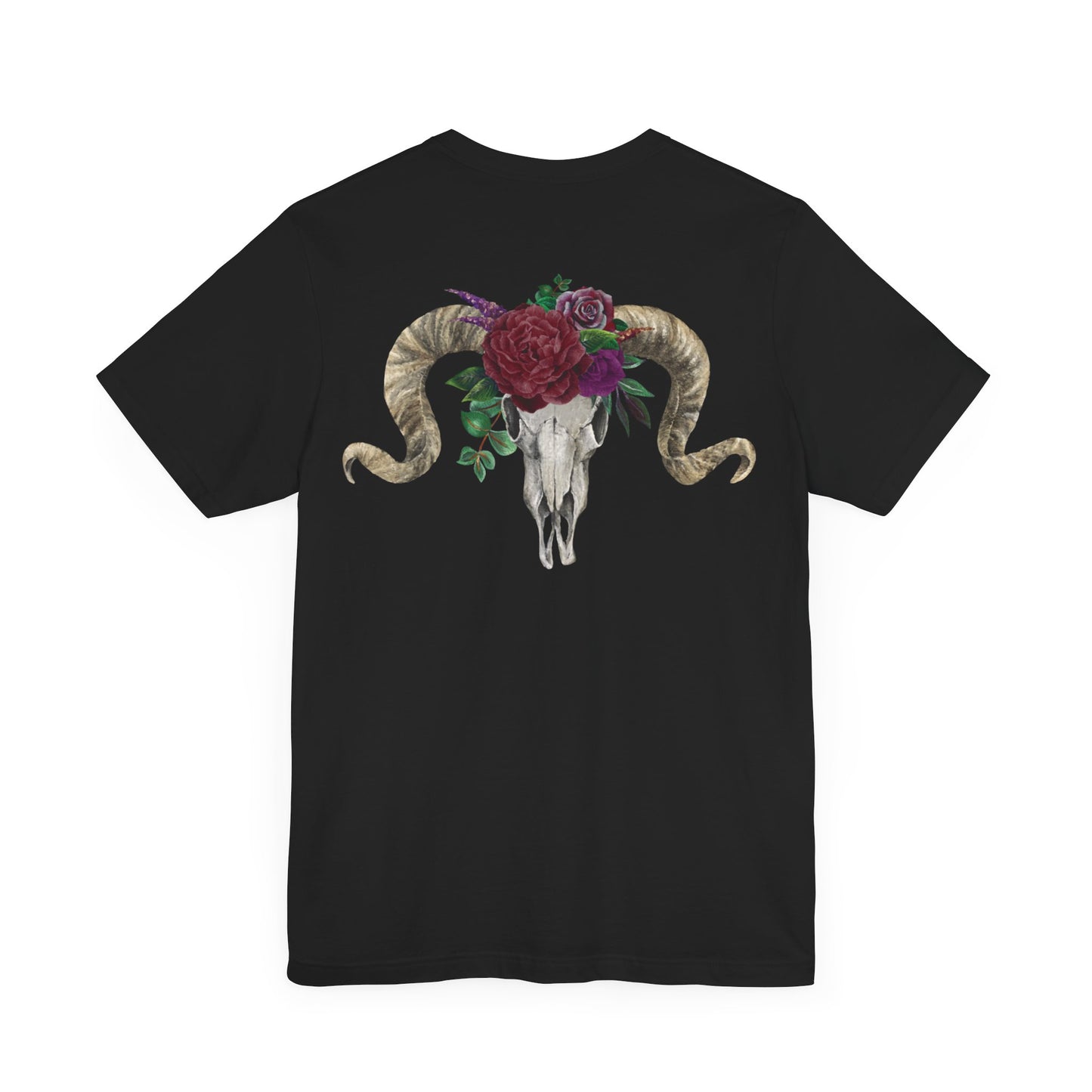 Ram Skull Back Design Unisex Tee, Burgundy Flowers.