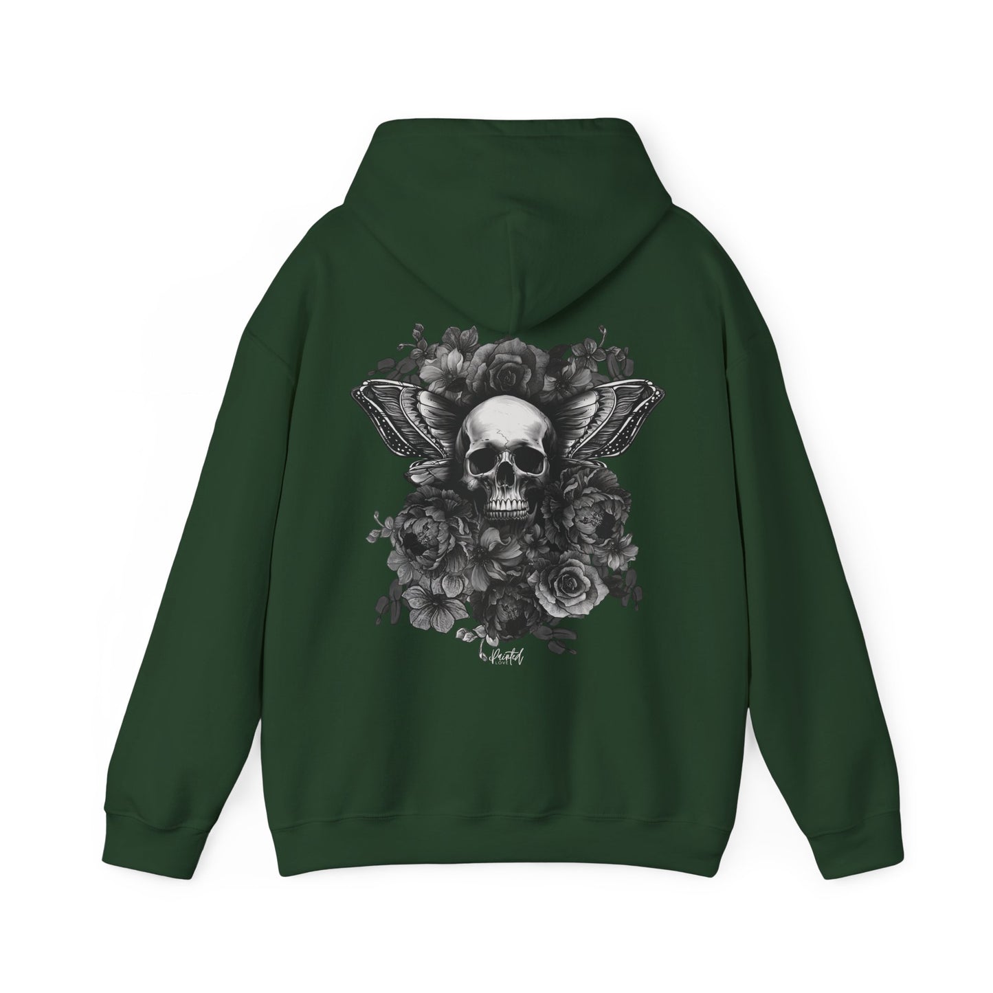 Unisex Hoodie with Skull, Moth Wings, and Tattoo Style Flowers, Painted Love Customs Logo, Greyscale Flowers