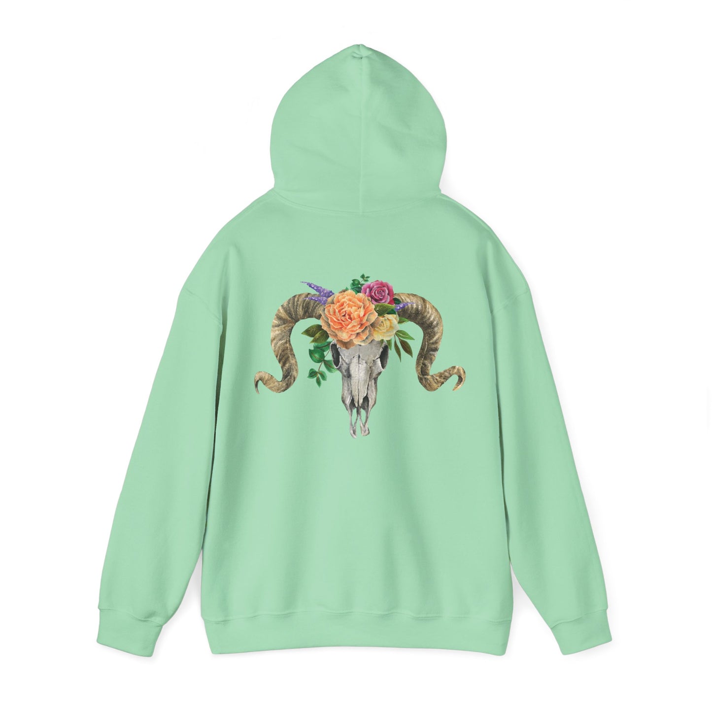 Ram Skull Back Hoodie, Peach Flowers