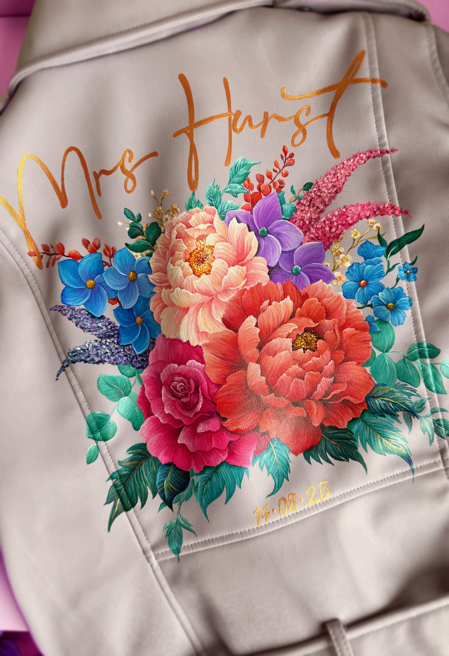 Hand Painted Leather Jacket. Peony and Rose Bouquet. Leather Jacket Painting Service