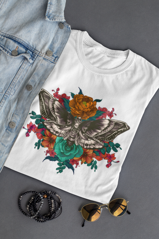 Tattoo Style Deaths Head Moth Floral Tshirt