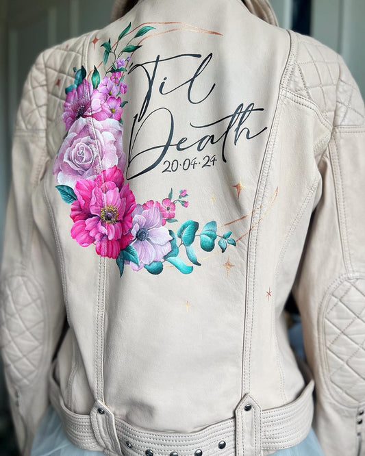 Hand Painted Floral Leather Jacket. Crescent Moon and Peony Layout. Leather Jacket Painting Service