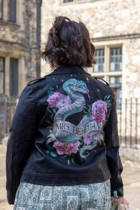 Hand Painted Leather Jacket. Snake, Scroll and Flowers. Leather Jacket Painting Service