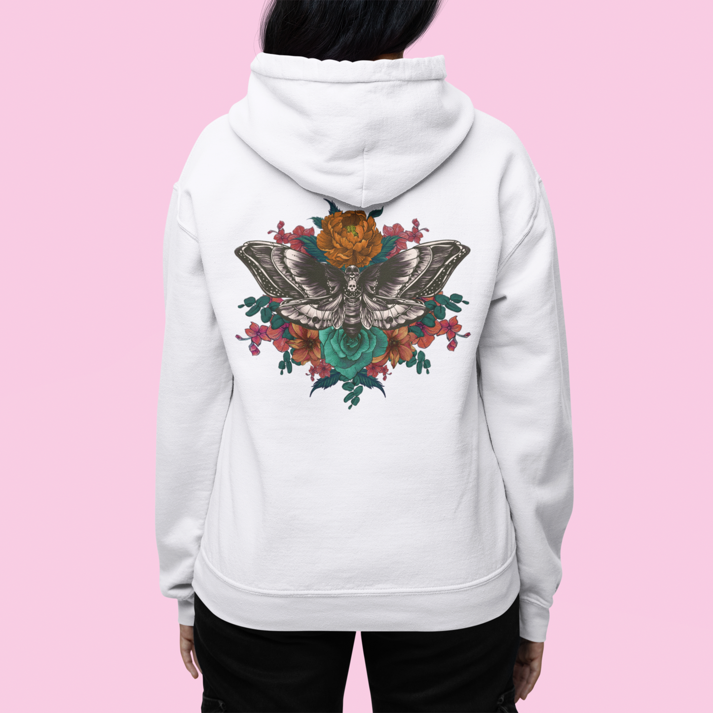 Tattoo Style Deaths Head Moth and Flowers Hoodie, Reds and Oranges