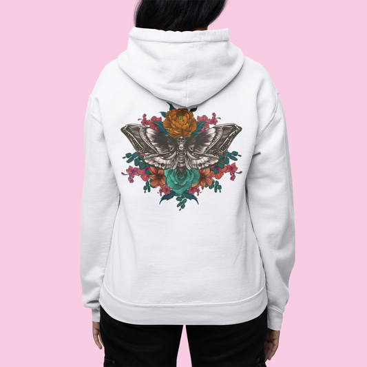 Tattoo Style Deaths Head Moth and Flowers Hoodie, Reds and Oranges