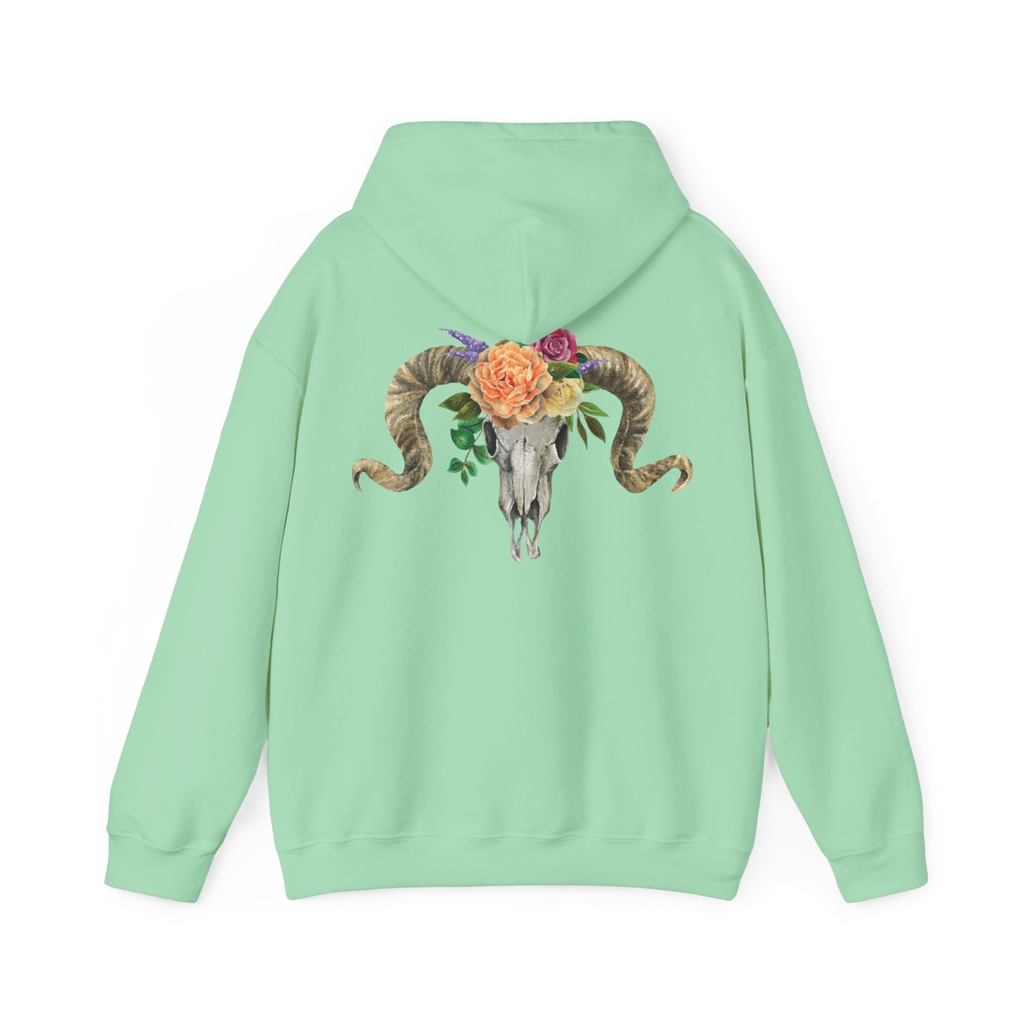 Ram Skull Back Hoodie, Peach Flowers