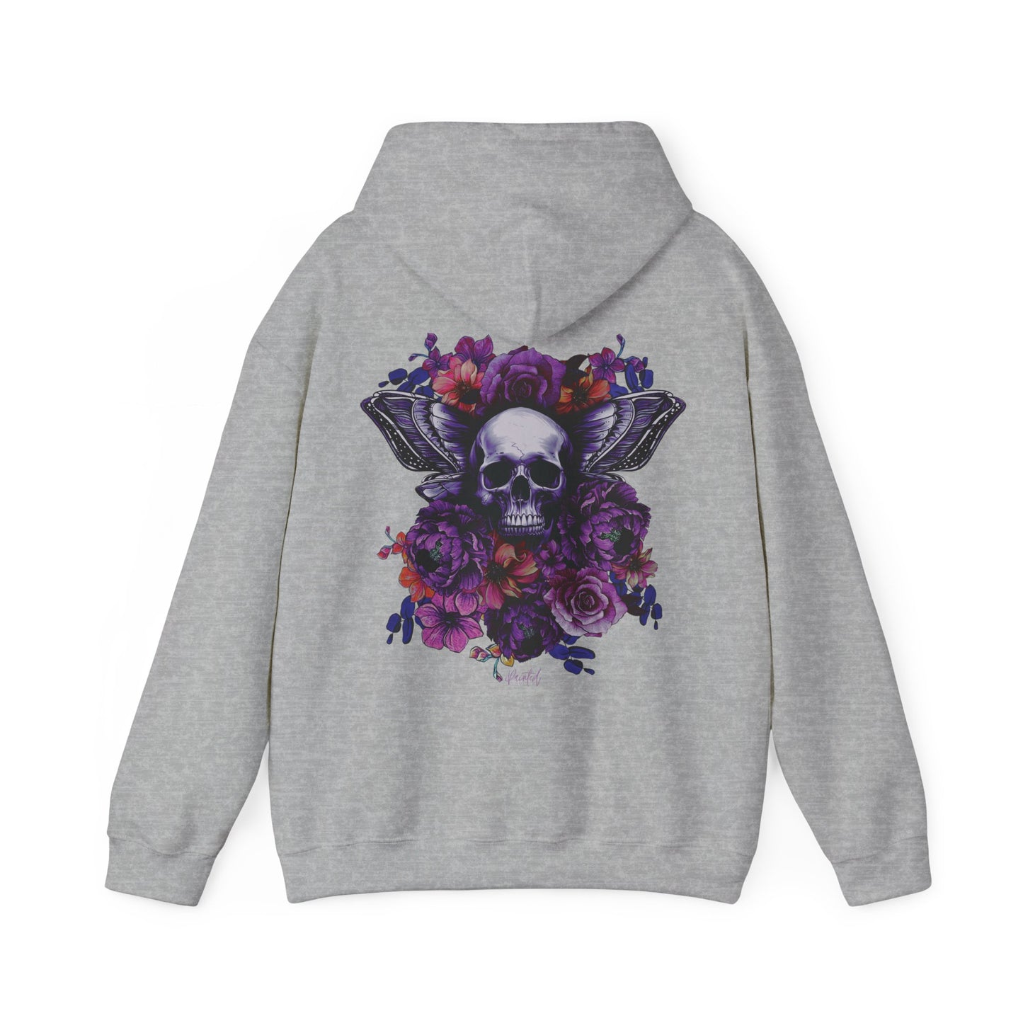 Unisex Hoodie with Skull, Moth Wings, and Tattoo Style Flowers, Painted Love Customs Logo, Neon Flowers