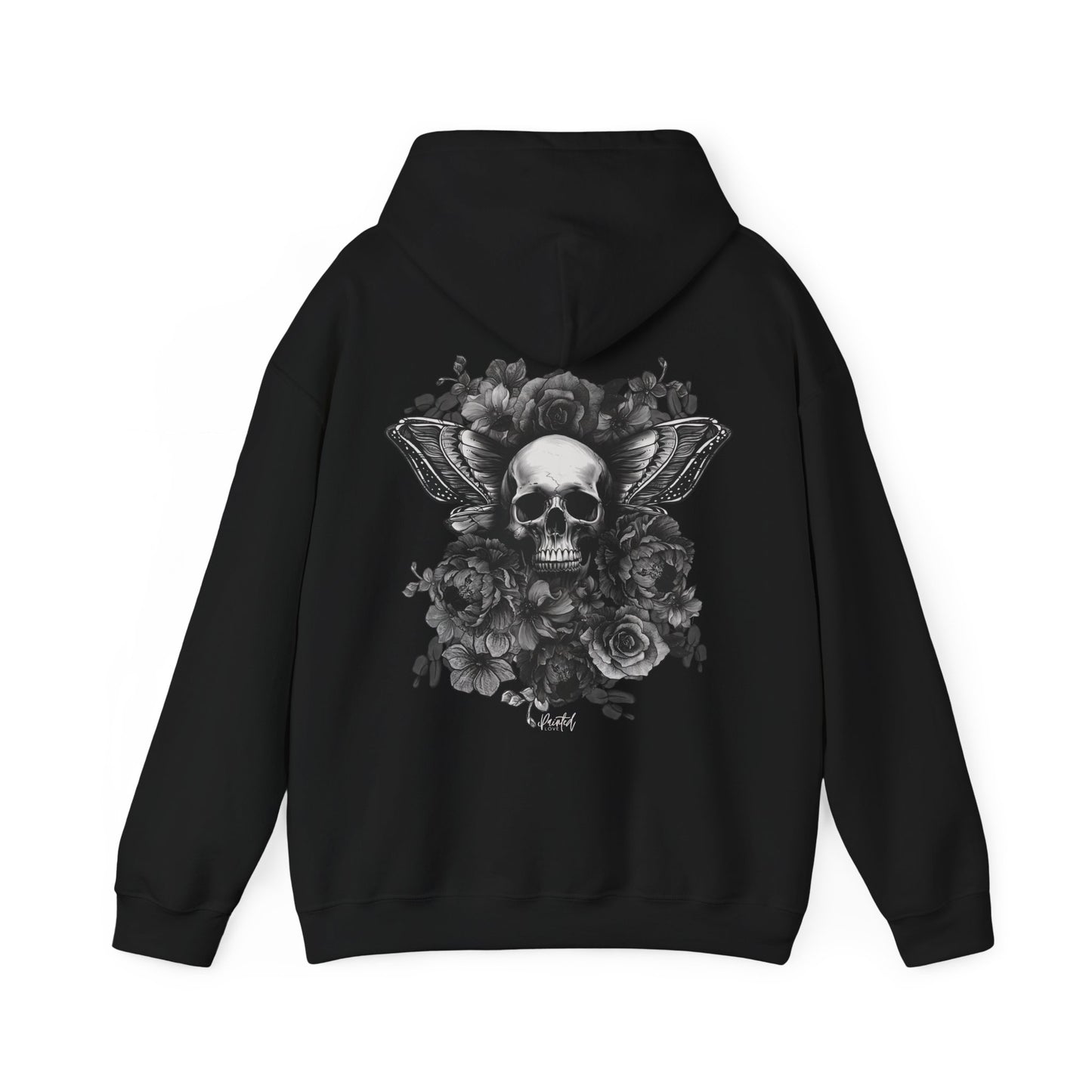 Unisex Hoodie with Skull, Moth Wings, and Tattoo Style Flowers, Painted Love Customs Logo, Greyscale Flowers